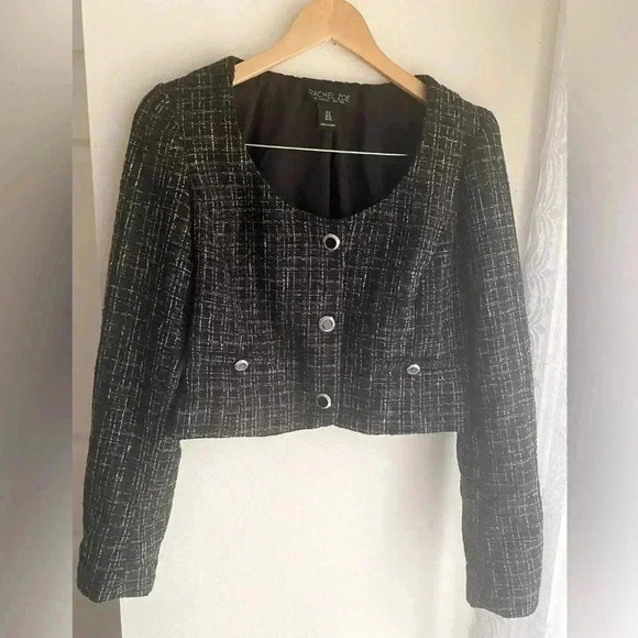 Rachel Zoe Tweed Cropped Blazer Button Up Plaid Metallic Black Size 6 Scoop Neck - Picture 1 of 6